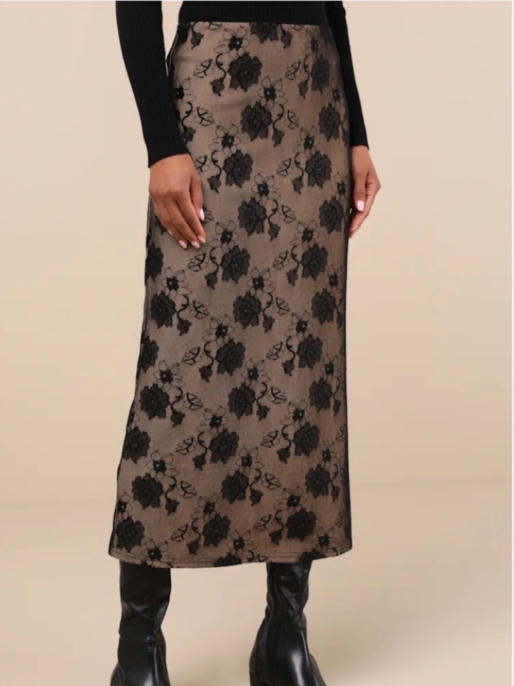 NWT Lulu's Floral Lace Mesh Midi Pencil Skirt Beige Black M